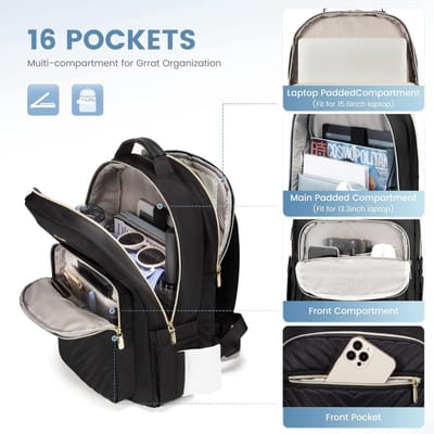 Famanu - Laptoprugzak voor dames, 14 inch, laptoptas, rugzak, waterdicht, schoolrugzak, meisjes, tieners, klein, zwart, rugzak met laptopvak, USB-oplaadaansluiting, voor zaken, reizen, school