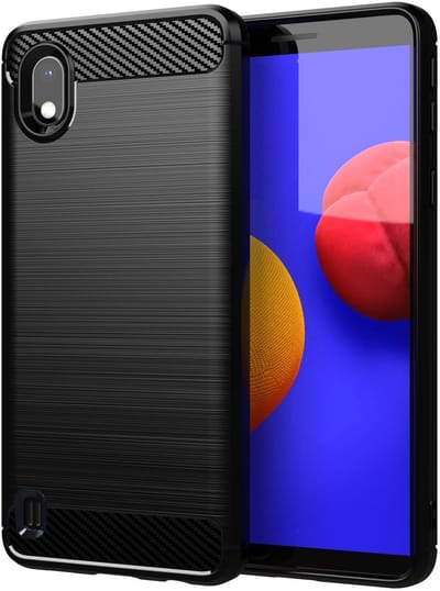 Cadorabo Hoesje geschikt voor Samsung Galaxy A10 / M10 in Brushed Zwart - Beschermhoes van flexibel TPU siliconen in roestvrij staal-carbonvezel look Case Cover