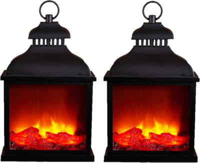Anna's Collection LED sfeerhaard lantaarn - 2x stuks - zwart - L25 x B15 x H42,5 cm - open haard - verlichting