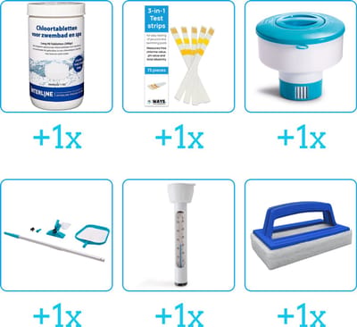 Zwembad Onderhoudspakket - Onderhoud Zwembad - bevat Chloor - Testrips - Chloordrijver - Schoonmaakset - Thermometer en Scrubborstel (6-delig)