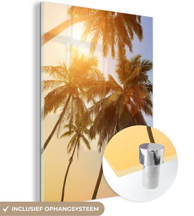 MuchoWow® Glasschilderij 30x40 cm - Schilderij acrylglas - Palmboom - Zon - Zomer - Tropical - Foto op glas - Schilderijen