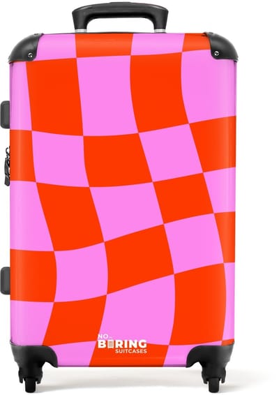 NoBoringSuitcases.com - Grote koffer dames - Golvend dambordpatroon in rood en roze - Reiskoffer met 4 wielen - Trolley op wieltjes - Rolkoffer groot vrouwen - 72 liter - Ruimbagage valies 20kg - Valiezen voor volwassenen