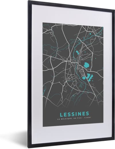 Fotolijst incl. Poster - België – Lessines – Stadskaart – Kaart – Blauw – Plattegrond - 40x60 cm - Posterlijst