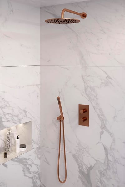 Brauer Copper Edition thermostatische inbouw regendouche 3-weg omstelling SET 28 met 30 cm douchekop en gebogen muurarm en staaf handdouche en doucheslang en wandaansluitbocht koper geborsteld PVD