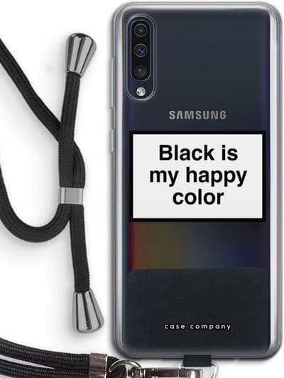 Hoesje met koord geschikt voor Samsung Galaxy A50 hoesje met Koord - Black is my happy color - Telefoonhoesje met Zwart Koord - Bescherming aan alle Kanten en Over de Schermrand