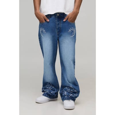 Rechte Uitlopende Western Geborduurd Contrast Stiksel Jeans | Light Blue | Size 28R