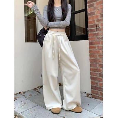 Sportieve Casual Broek Dames Lente en Herfst Nieuw Gedrapeerd Recht Hoge Taille Dun Wijde Pijpen XXL abrikoos
