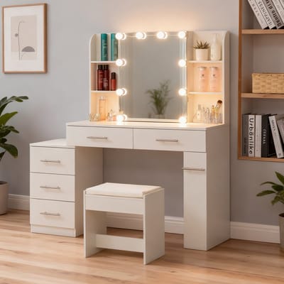 MODENUIT Kaptafel - Met Schuifspiegel, 3 Laden, Hoekplanken En LED-Verlichting - Voor Slaapkamer - MDF - Wit