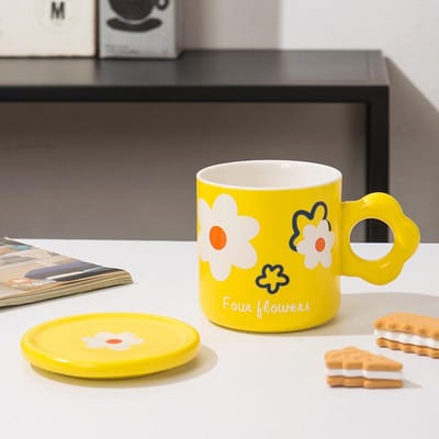 Zomerbloem Keramische Kop Leuke Mok met Deksel Koppels Waterbeker Damesbeker Designgevoel Ins Stijl Koffiekop 301-400ml