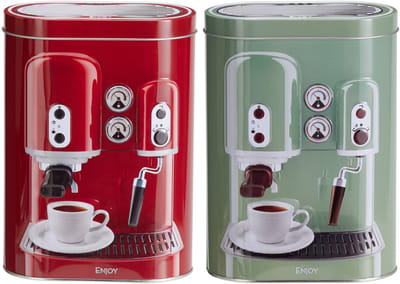 Koffie bewaarblik - metaal - retro koffiemachine set - rood - 13x8x19 cm - cups/bonen/filterkoffie