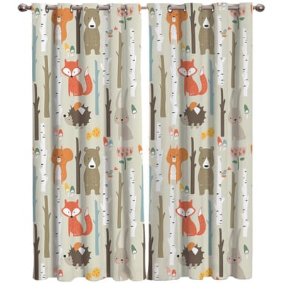Cartoon Bos Dier Boom Vos Beer Konijn Kind Raam Gordijnen Gordijnen voor Woonkamer Decoratieve Items Woonkamer 135W x 160H(cm)x2