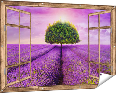 Gards Tuinposter Doorkijk Groene Boom in de Lavendel Bloemen - 150x100 cm - Tuindoek - Tuindecoratie - Wanddecoratie buiten - Tuinschilderij