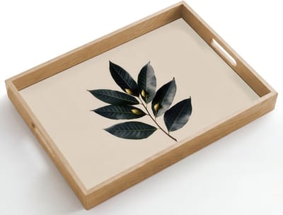 Dienblad hout 50x35 cm - Schootdienblad - Laurierbladeren - Bloemknoppen - subtiel - Borrelplank rechthoek - Plateau dienbladen