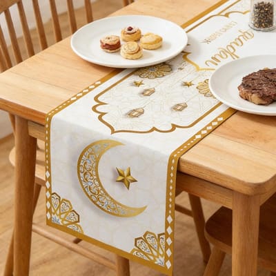 longziming -Ramadan Tafellaken - Tafellaken - Halve Maan En Sterren, Oosters Geïnspireerd - Polyester - Elegante, Dezente Ramadan-Dekoration Met Halbmond-En Sterrenmotiv Voor Iftar, Eid Al-Fitr En Bayram - 1 Stuk