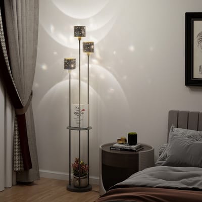 Puluomis - Vloerlamp - Lamp met 3 koppen - Planklamp - Metalen voet - E14 - Stervormige lampenkap - Zwart