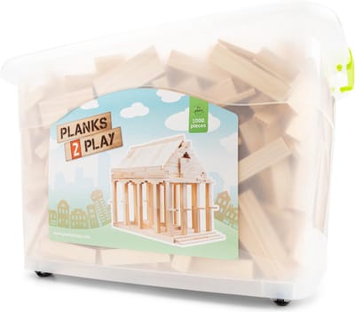 Planks2Play Constructie Speelgoed Houten Plankjes in Verschillende Vormen - Komt in Handige Opbergdoos - 1000 onderdelen