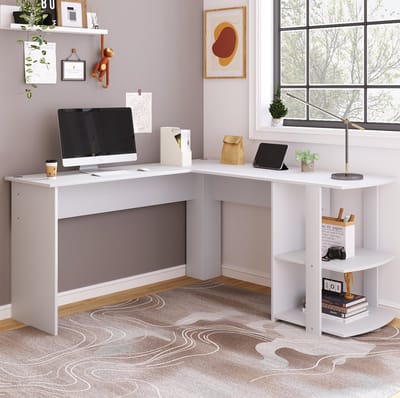 FloraGrace Bureau - L-Vormig Hoekbureau Met 2 Open Planken En Kabeldoorvoer - Voor Thuiswerkplek En Kantoor - Wit - 140x140x75 Cm