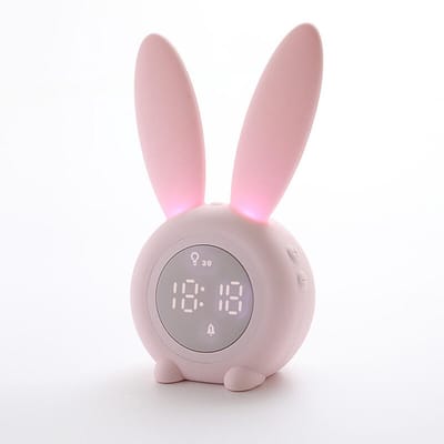 LED-nachtlampje - Nachtlampje met wekker - Cartoonkonijn - Kinderwekker met nachtlampje - 6 beltonen, schattige roze konijnenwekker voor kinderen - Aanraakbediening en oplaadbare slaaptrainer voor de slaapkamer van jongens en meisjes