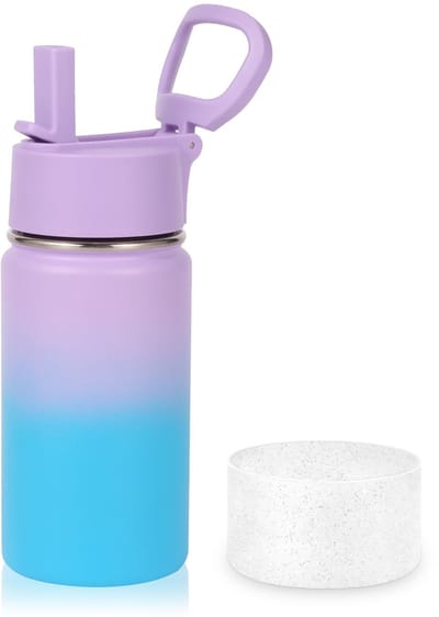 Waterfles van roestvrij staal voor kinderen, 414 ml, geïsoleerd, lekvrij, dop met rietje en siliconen beschermhoes, BPA-vrij, eenvoudig te gebruiken voor jongens en meisjes, dubbelwandig