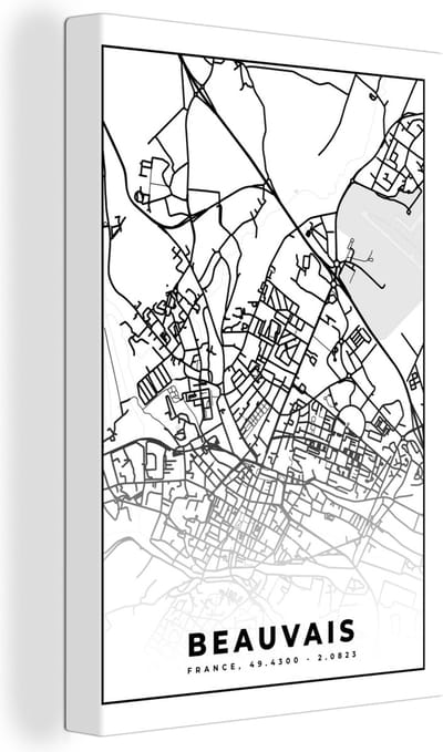 Canvas Schilderij Kaart - Plattegrond - Beauvais - Frankrijk - Stadskaart - Zwart wit - 20x30 cm - Wanddecoratie
