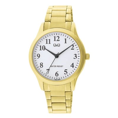 Q&Q C02A-002PY - Horloge - Analoog - Mannen - Heren - Stalen band - Rond - Metaal - Cijfers - Goudkleurig - Wit