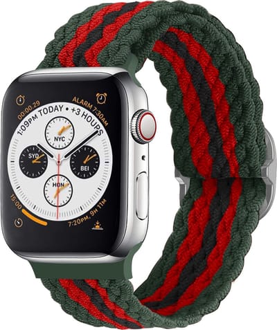 Strap-it Gevlochten / Geweven bandje - Geschikt voor Apple Watch Series 1/2/3/4/5/6/7/8/9/10/11/SE/SE2/SE3 - Rood/zwart/groen - Braided verstelbaar iWatch bandje maat: 38 / 40 / 41 / 42mm