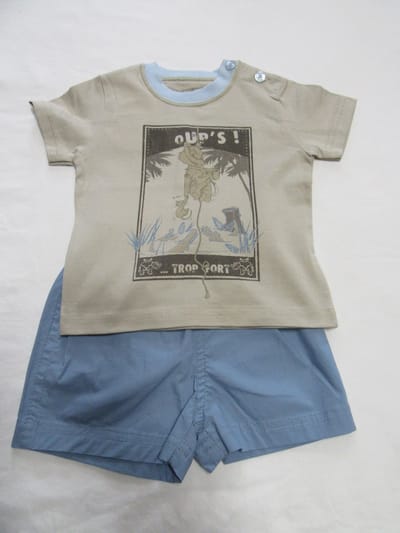 petit bateau , kledingset , jongen, tshirt beige + short blauw ,  18 maand 81