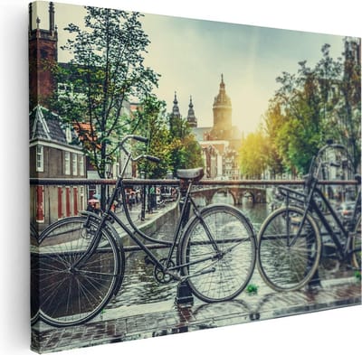 Artaza Canvas Schilderij Amsterdamse Grachten - 40x30 cm - Klein - Wanddecoratie Fiets - Muurdecoratie Woonkamer - Kamer Accessoires Stad