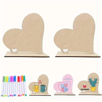Panneau Cœur en Bois DIY: Parfait pour la Fête des Mères ou Toute Occasion Spéciale - Plaque en Bois Non Finie 2pcs Love Wooden Ornaments + 12pcs Watercolor Pens beige