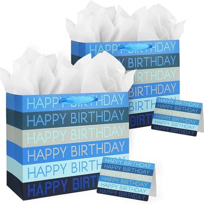 Grote Verjaardagszakjes met Cadeaupapier en Cadeaukaart - Blauwe Verjaardagsdecoratie voor Kinderen en Heren
