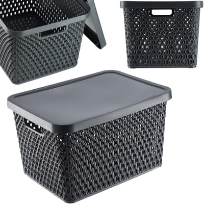 KADAX Opbergmand, mand met deksel, opbergkist, opbergdoos van plastic, moderne plankmand, container met ventilatiegaten (18 l, grijs)