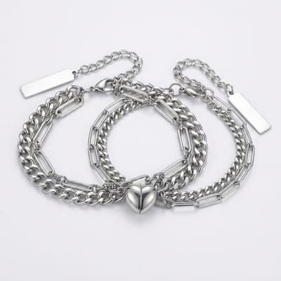Koppel armbanden set voor heren en dames – zilverkleurig – dubbele schakelketting met hartvormige sluiting
