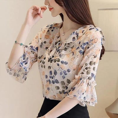 Bloemen Chiffon Shirt Korte Mouwen Dames Zomerlos Top Mode Temperament Klein Shirt XL ivoor