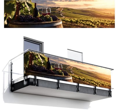 Balkonscherm 500x120 cm - Balkonposter Wijn - Druiven - Heuvels - Landschap - Balkon scherm decoratie - Balkonschermen - Balkondoek zonnescherm