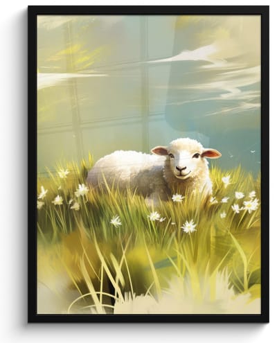 Poster in lijst - Fotolijst 50x70 cm - Posters - Schaap - Weide - Groen - Posterlijst zwart - Decoratie - Wanddecoratie woonkamer - Muurdecoratie slaapkamer