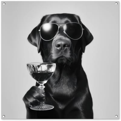 Tuinposter 100x100 cm - Tuindecoratie Hond - Zwart - Wijnglas - Zonnebril - Poster voor in de tuin - Buiten decoratie - Schutting tuinschilderij - Tuindoek muurdecoratie - Wanddecoratie balkondoek