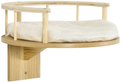 Kattenbed Wandmontage - 34 x 34 x 10 cm - Met Beschermrand + Kussen - Eik + Crème Wit