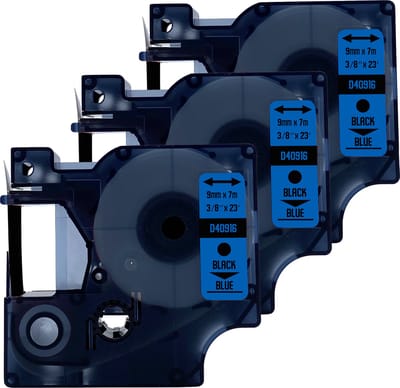 DULA Dymo D1 40916 - S0720710 - Compatible label tape - 3 lettertapes - Zwart op blauw - 9mm x 7m
