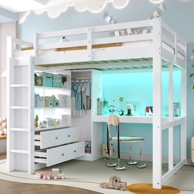 140x200cm hoogslaper met twee lades en boekenplank - bureau onder het bed - met LED-verlichting en USB - wit - zonder matras
