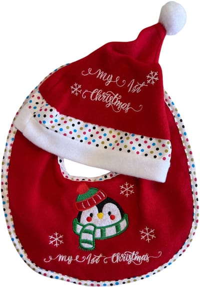 HEM - Baby Set - Slabbetje + Kerstmuts - “My 1st Christmas” - Pinguïn met Sjaal - Rood/Wit