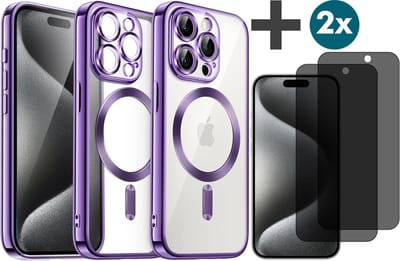 Hoesje met Privacy Screenprotectors 2 Stuks Geschikt voor iphone 15 Pro Max Hoesje - Geschikt voor MagSafe - Arara siliconen Backcover - Paars