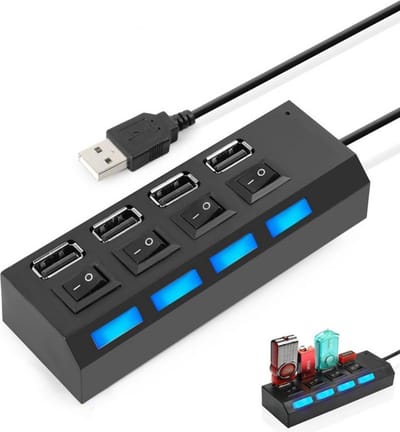 New Age Devi - Zakelijke USB Splitter met 4 Poorten en AanUit Switch voor Laptop en Desktop Zwart