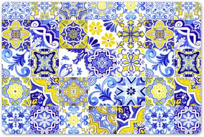 Placemats 45x30 cm - Placemat kunststof - 1 stuk - Tegels - Delfts blauw - Geel - Antiek - Patroon - Borden onderleggers - Decoratie voor op tafel - Keuken tafeldecoratie accessoires - Vinyl onderlegger - Tafelversiering