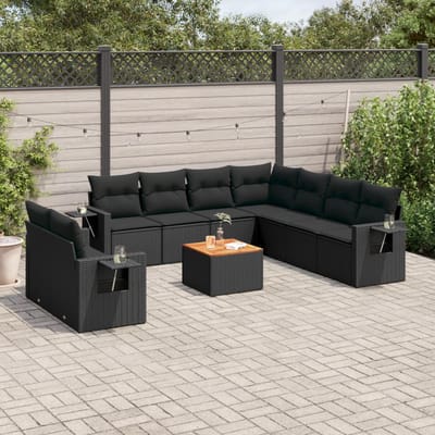 vidaXL - 10-delige - Loungeset - met - kussens - poly - rattan - zwart
