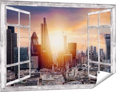 Gards Tuinposter Doorkijk Londen Stad bij Zonsopgang - 120x80 cm - Tuindoek - Tuindecoratie - Wanddecoratie buiten - Tuinschilderij