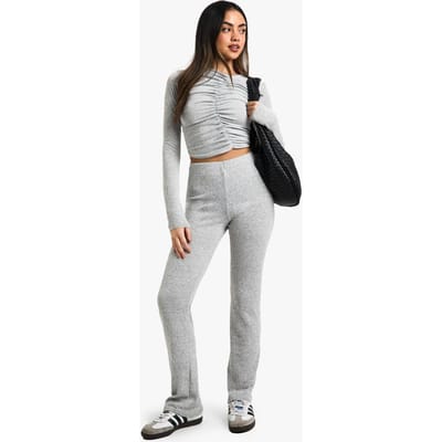 boohoo Dames Melange Rib Geplooide Top en Wijde Broek Set | Grey Marl | Maat: 12