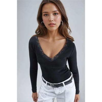 Slim Fit V-hals Blouse met Kantdetails