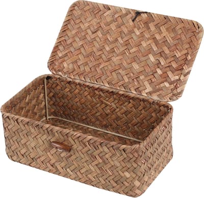 Weidemanden met deksel, zeegras, opbergmand, bak, rechthoekig, handgevlochten, voor schappen, bureau, thuisorganizer (Koffie, X-Klein)