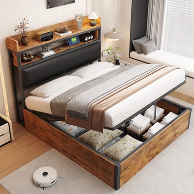 SINGULARITY-Gestoffeerd bed 140 x 200 met hydraulische hefinrichting- USB- gestoffeerd hoofdeinde- vintage design van hout en metaal- zwart- zonder matras