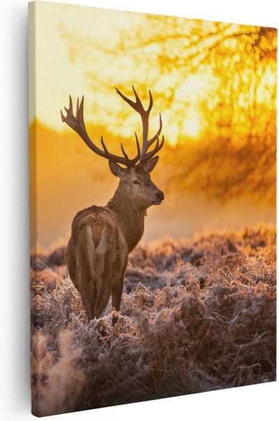Artaza Canvas Schilderij Hertenkop Met Gewei - 40x50 cm - Muurdecoratie Bos - Wanddecoratie Zonsondergang - Kamer Accessoires